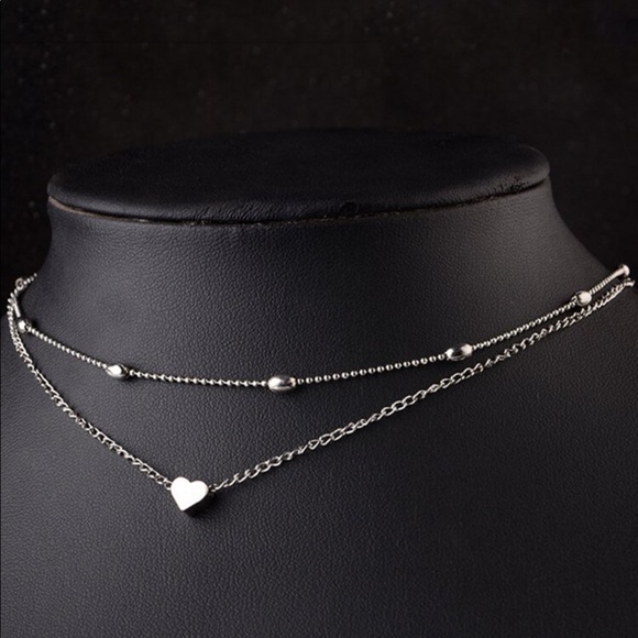 Double Layered Silver Heart Choker Necklace - Picture 3 of 8